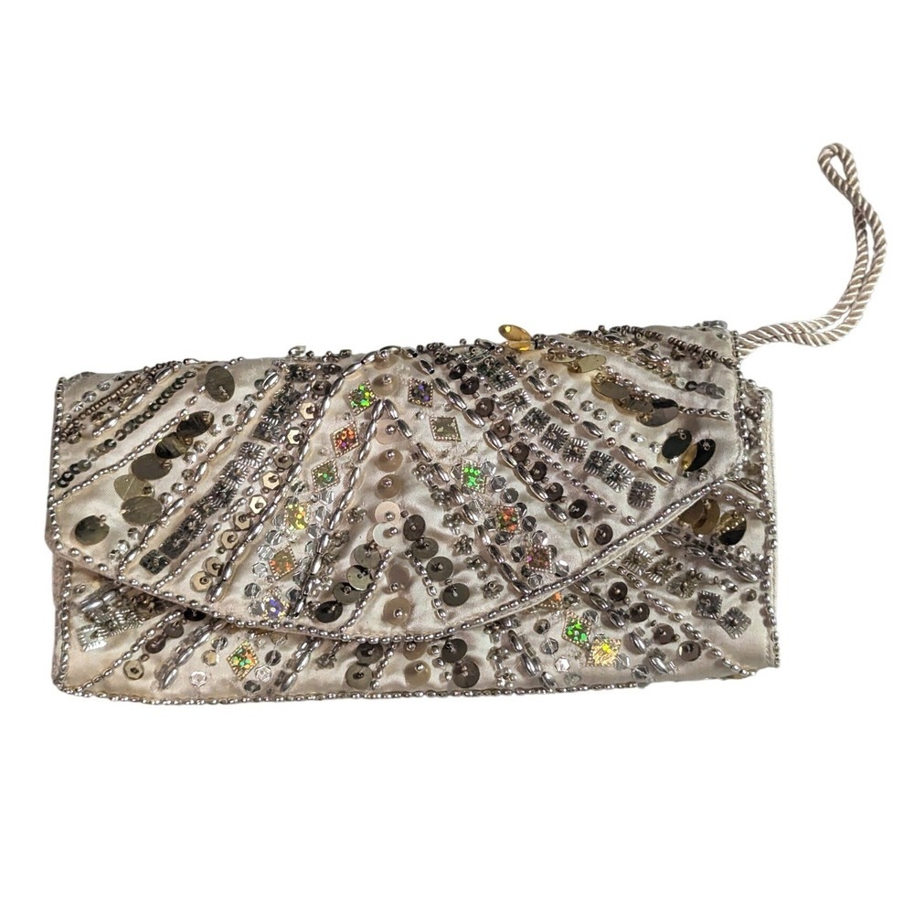 Vintage 80s‎ Art Deco Beaded Fan Clutch Ivory Satin Evening Bag Wedding Prom